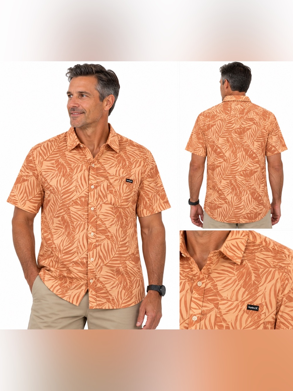 Hurley Men's Boardwalk Tropical Palm Button Up Shirt Orange Large NWT Beach